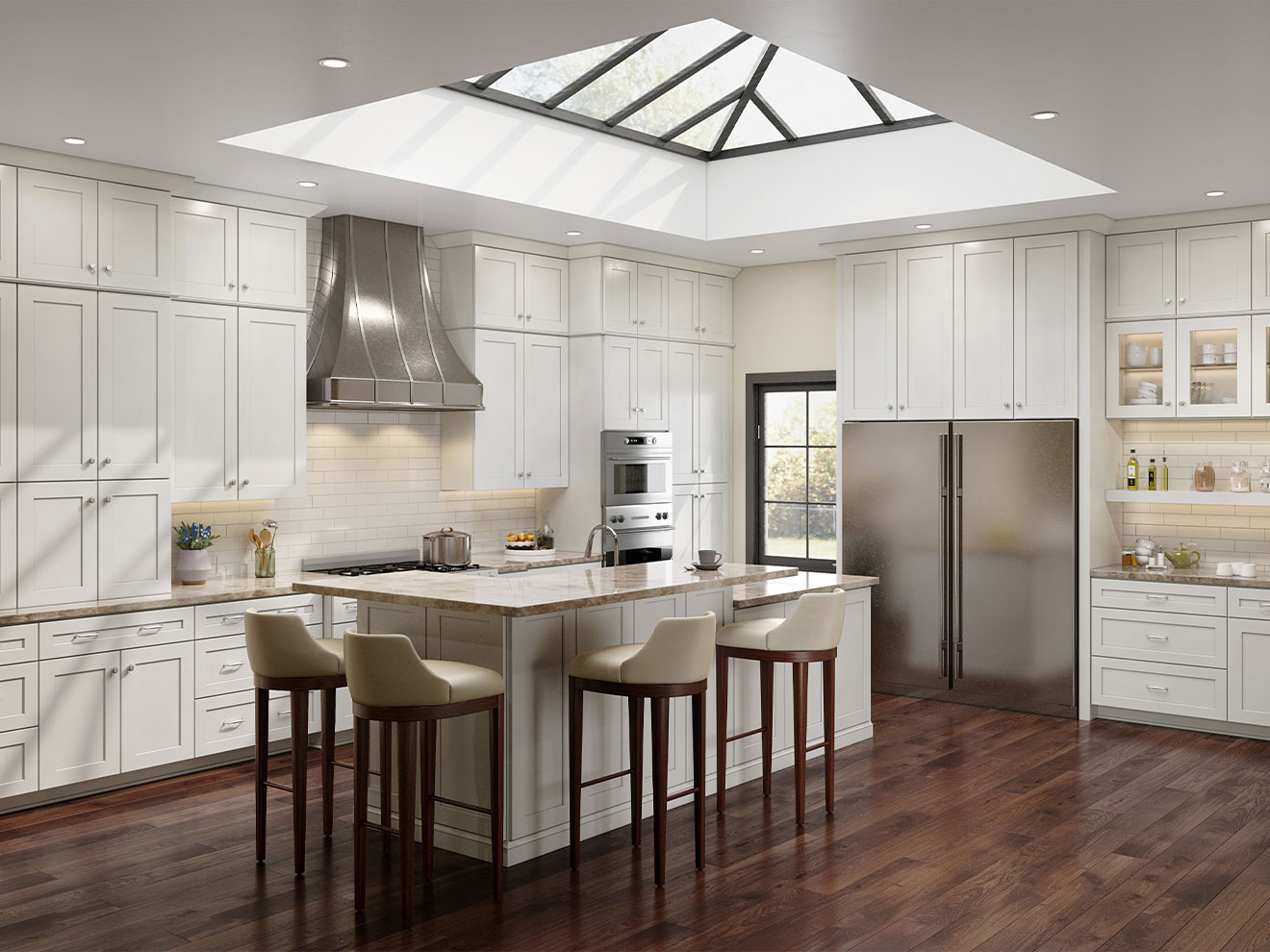 Bright Dove White kitchen with shaker cabinets, island, and warm wood floors